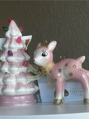 Pink Glitter Deer Ornament with Gold Accents - Unbranded